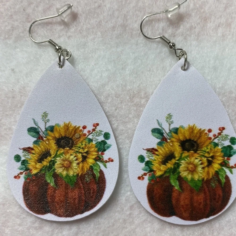 Faux Leather Teardrop Sunflower Earrings Printed both sides (CO)